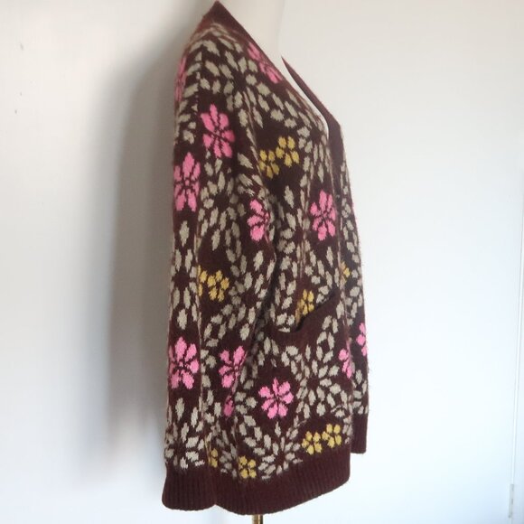 ZARA Oversized Chunky Floral Knit Cardigan Sweater Brown Pink Yellow Size M - Picture 12 of 16